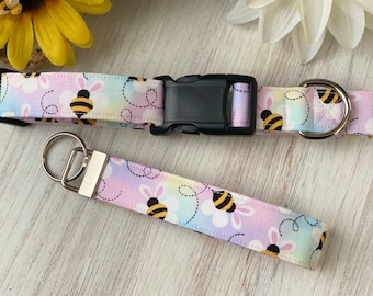 Dog collar, bee, bees, easter, bunny, ears, boy, girl, pastel, tie dye, watercolor, painted, honey, key fob, keychain, spring, fun, cute