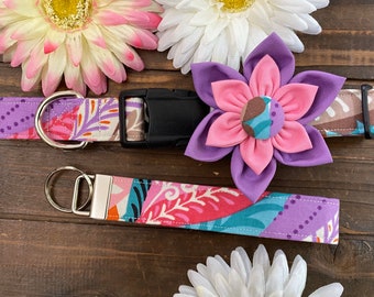 Dog collar, colorful, teal, purple, pink, black, white, paisley, abstract, abstract dog collar, collar with flower, flower, collar with bow