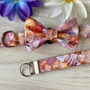Dog collar, collar with bow, bow tie, seashell, seashells, sea shells, ocean, bow tie, ocean, sea shell, pink,  purple, key fob, keychain