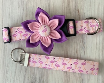 Flamingo Dog Collar with Purple Flower, Beach Collar