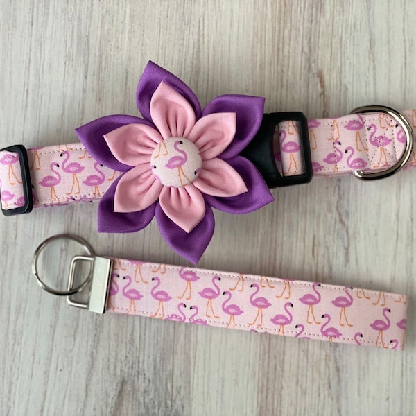 Dog collar, beach dog collar, beach collar, flamingo dog collar, pink dog collar, dog collar flower, flamingo flower, collar flower, fun