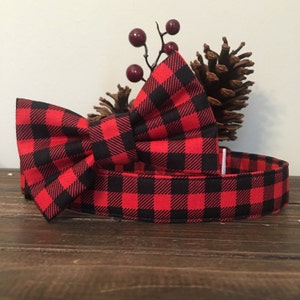 Dog collar, buffalo plaid collar, buffalo plaid dog collar, friendship dog key fob, red plaid dog collar, buffalo plaid bow tie, collar bow