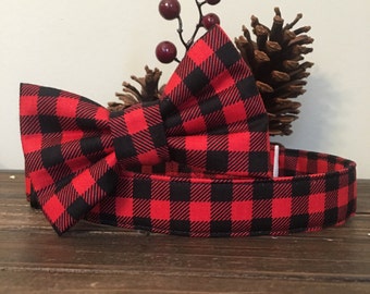 Dog collar, buffalo plaid collar, buffalo plaid dog collar, friendship dog key fob, red plaid dog collar, buffalo plaid bow tie, collar bow