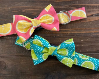 dog collar, limes, lemons, lemon lime, collar with bow, collar bow, dog bow tie, pink, teal , pink lemonade, key chain, key fob, yellow