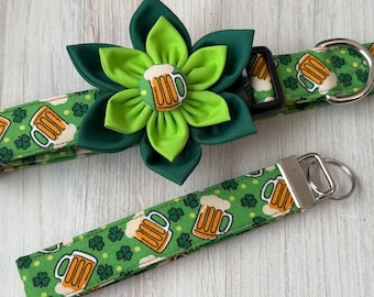 St Patricks Day Dog Collar: Green Beer & Clover, Detachable Flower
