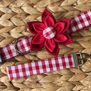 Dog collar, collar with flower, collar with bow, picnic, spring, summer, red and white, gingham, checker , plaid, flower, collar flower immagine 1