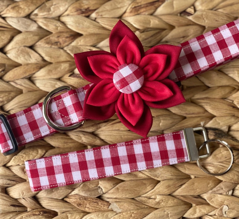 Dog collar, collar with flower, collar with bow, picnic, spring, summer, red and white, gingham, checker , plaid, flower, collar flower image 1