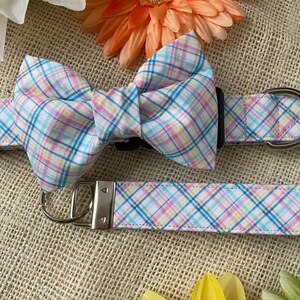 Dog Collar, Easter, plaid, easter plaid, spring, pastel, easter dog collar, collar with bow tie, bow tie, collar with bow, key fob, keychain
