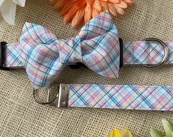 Dog Collar, Easter, plaid, easter plaid, spring, pastel, easter dog collar, collar with bow tie, bow tie, collar with bow, key fob, keychain