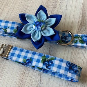 May include: Blue and white gingham dog collar with a blue flower and blueberry print. The collar is attached to a matching blue and white gingham key chain.