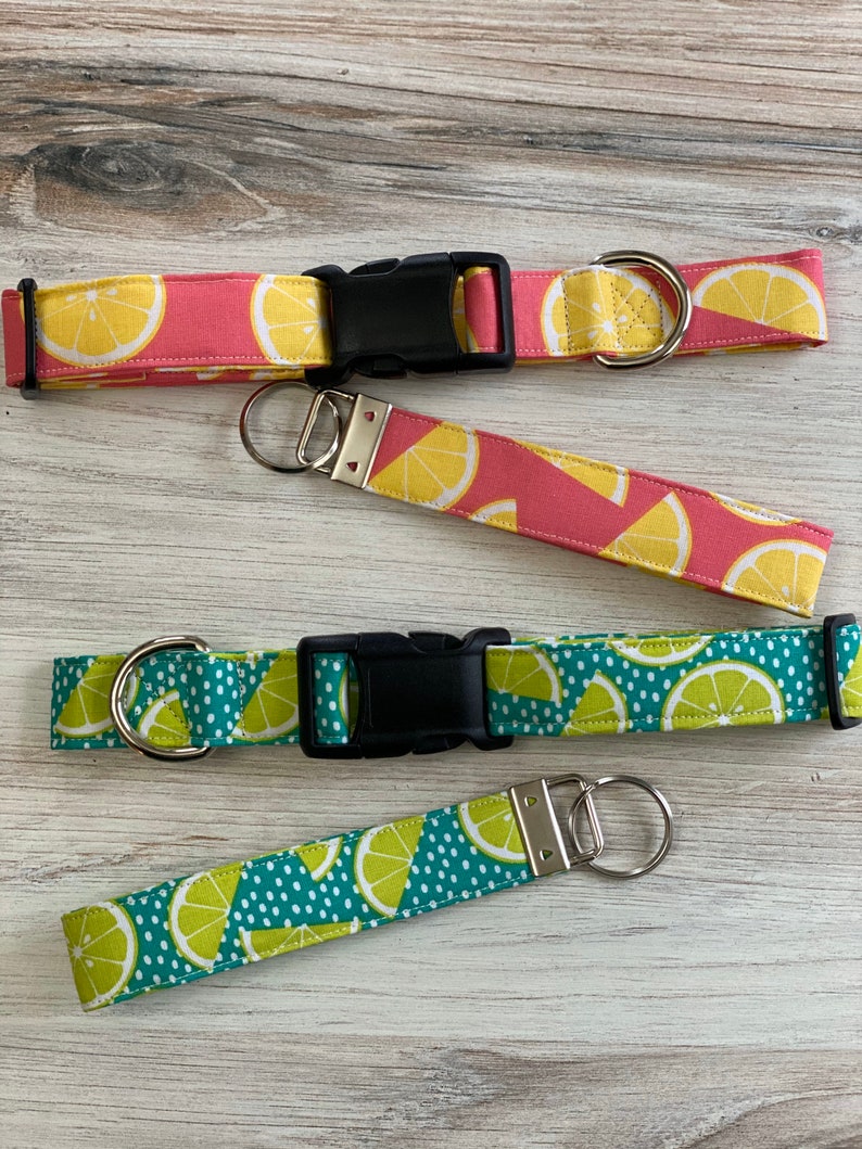 May include: Two sets of matching dog collars and leashes with a lemon print. One set is pink with yellow lemons, the other is teal with green lemons. Both sets have black buckles and silver D-rings.