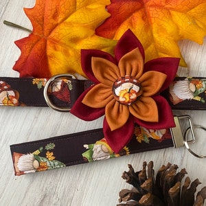 Dog collar, gnomes, gnome, fall, autumn, leaves, pumpkin, pie, collar with flower, flower, sunflower, bow, keychain, key fob image 7