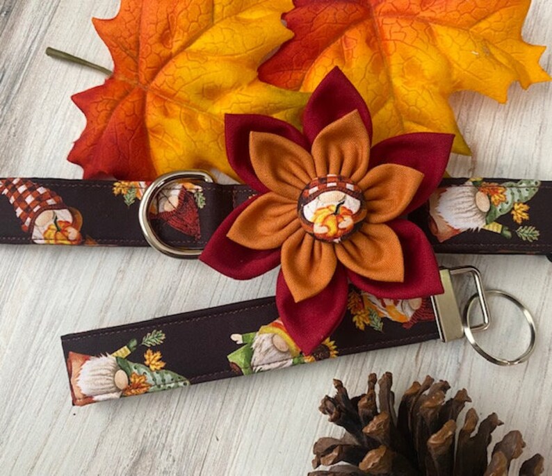 Dog collar, gnomes, gnome, fall, autumn, leaves, pumpkin, pie, collar with flower, flower, sunflower, bow, keychain, key fob image 7