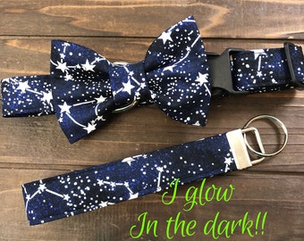 Dog collar, Big Dipper, stars, star collar, star dog collar, glow in the dark collar, glow in the dark, collar with bow tie, collar with bow