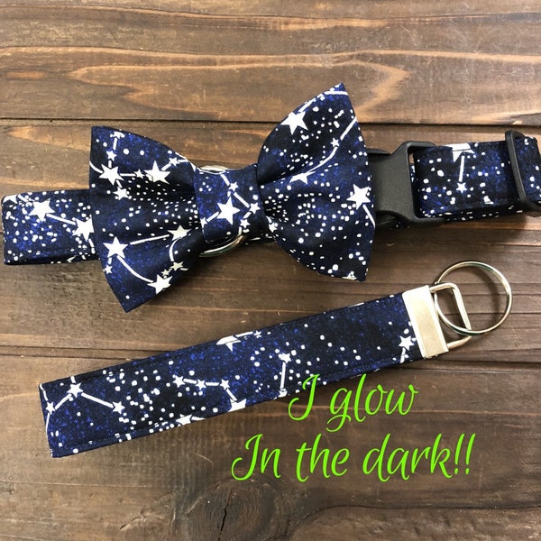 Dog collar, Big Dipper, stars, star collar, star dog collar, glow in the dark collar, glow in the dark, collar with bow tie, collar with bow