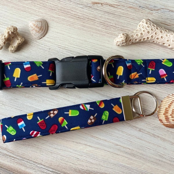 Dog collar, popsicle, popsicles, navy blue, rocket pop, watermelon, summer dog collar, summer, picnic, beach, fun, blue, key fob, keychain