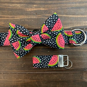 Dog collar, collar with bow, bow tie, watermelon, picnic, black and white, poplin dots, polka dot, dot, fruit, key fob, keychain, summer