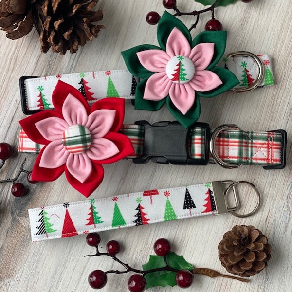 Dog collar, christmas, plaid, pink, green, red, gingham, tree, christmas tree, flower, bow, dog collar with bow, girl, holiday, winter, key