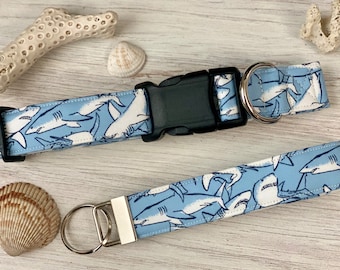Handmade Shark Print Dog Collar, Ocean Blue, Adjustable