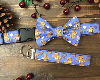 Dog collar, collar with bow, collar with bow tie, bow tie, hanukkah dog collar, Hanukkah, gingerbread man, dreidel, Hanukkah bow tie