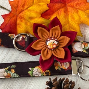 Dog collar, gnomes, gnome, fall, autumn, leaves, pumpkin, pie, collar with flower, flower, sunflower, bow, keychain, key fob image 5