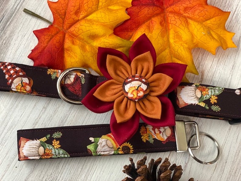 Dog collar, gnomes, gnome, fall, autumn, leaves, pumpkin, pie, collar with flower, flower, sunflower, bow, keychain, key fob image 5