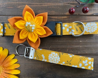 Dog collar, mustard, yellow, golden, dog collar with flower, dog collar with bow, fall, spring, dandelion, floral, girly, pumpkin, flower