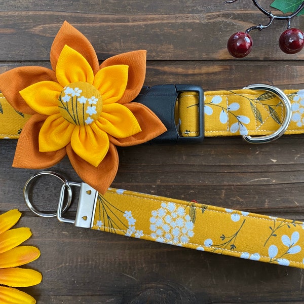 Dog collar, mustard, yellow, golden, dog collar with flower, dog collar with bow, fall, spring, dandelion, floral, girly, pumpkin, flower