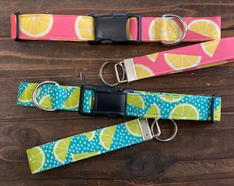 dog collar, classic, lemons, lemon, lemon collar, lime dog collar,  key chain, key fob, lemon dog collar, lemonade, teal, green, limes