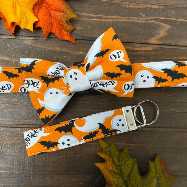 Dog collar, halloween, ghost, ghost dog collar, bats, bat , bats dog collar, black and orange, orange, bow, bow tie, collar with bow tie