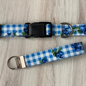 May include: Blue and white gingham dog collar and matching lead with a blueberry print.