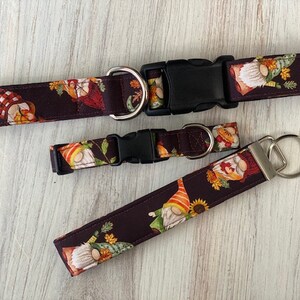 Dog collar, gnomes, gnome, fall, autumn, leaves, pumpkin, pie, collar with flower, flower, sunflower, bow, keychain, key fob image 6