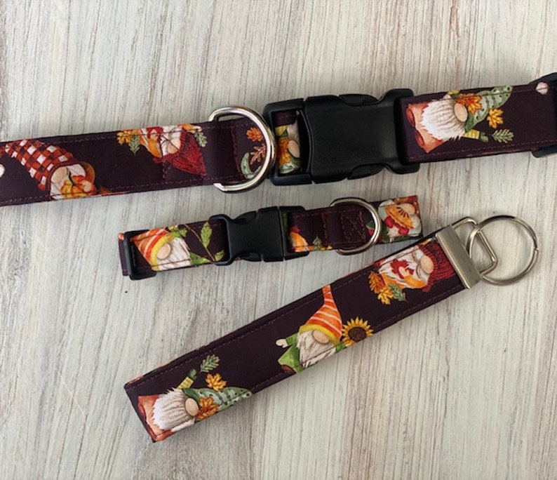 Dog collar, gnomes, gnome, fall, autumn, leaves, pumpkin, pie, collar with flower, flower, sunflower, bow, keychain, key fob image 6