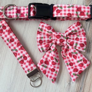 Peut inclure: Un collier de chien en vichy rouge et blanc avec un imprimé cerise, un nœud papillon assorti et un porte-clés assorti.