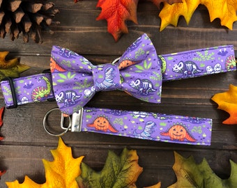 Dog collar, dog collar with bow tie, halloween dog collar, key fob, keychain, dinosaur dog collar, dinosaur, halloween, jack o lantern, dino