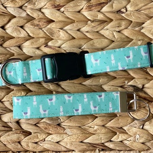 May include: A turquoise blue dog collar and matching leash with a white llama print. The collar has a black plastic buckle and a silver D-ring. The leash has a silver key ring.