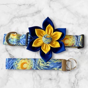 Dog collar, starry night, van Gough, dream, collar with flower, dog collar with bow, spring, stars, girly, winter, summer, leash, key fob