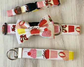 Dog collar, cupcakes, cupcake, love, chocolate, strawberry, valentines, valentines day, hearts, collar with bow, bow tie, boy, key fob