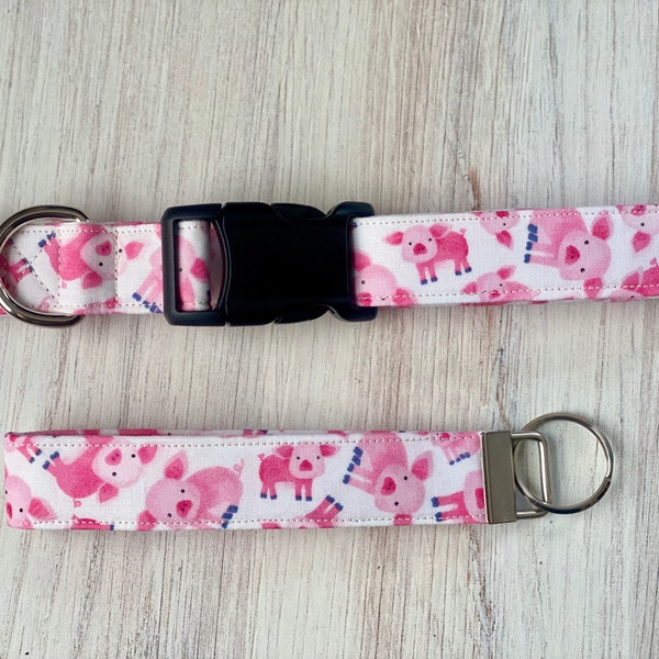 Dog collar, farm, farmer, pink and black, hog, pig, spotted pig, piglet, farm collar, pigs, keychain, key fob, pink, black, white