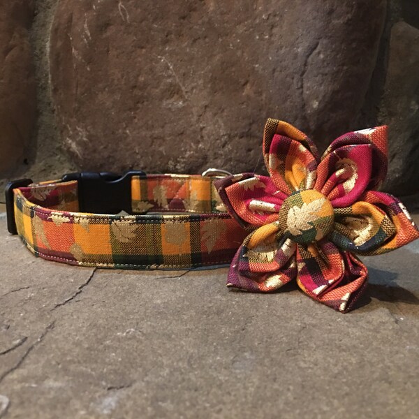 Dog Collar, Fall Dog Collar, Gingham Dog collar, Fall Gingham Dog collar, Leaf Dog Collar, Plaid, Gold Dog Collar, Dog Collar Gold