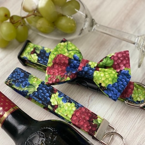 May include: A green, blue, and red bow tie with a grapevine and grape design. The bow tie is on a white surface with a wine glass and grapes in the background.