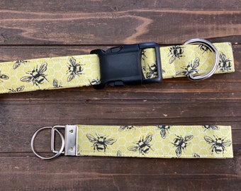 Dog collar, yellow, black, bee, bumble bee, honey bee, honey, honey comb, keychain, key fob , bee, summer, bright