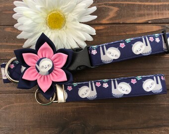 Sloth Dog Collar with Flower, Jungle Navy Blue