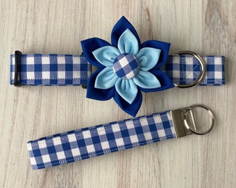 Dog collar, plaid , gingham, collar with flower, collar with bow, flower, blue, navy, blue plaid flower, pet collar, boy, girl, keychain