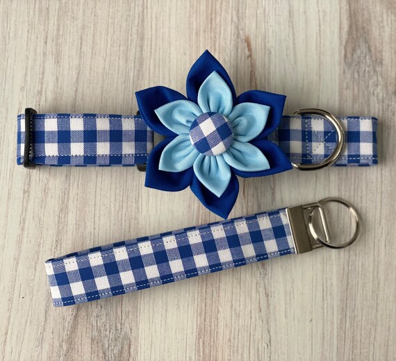 Dog collar, plaid , gingham, collar with flower, collar with bow, flower, blue, navy, blue plaid flower, pet collar, boy, girl, keychain