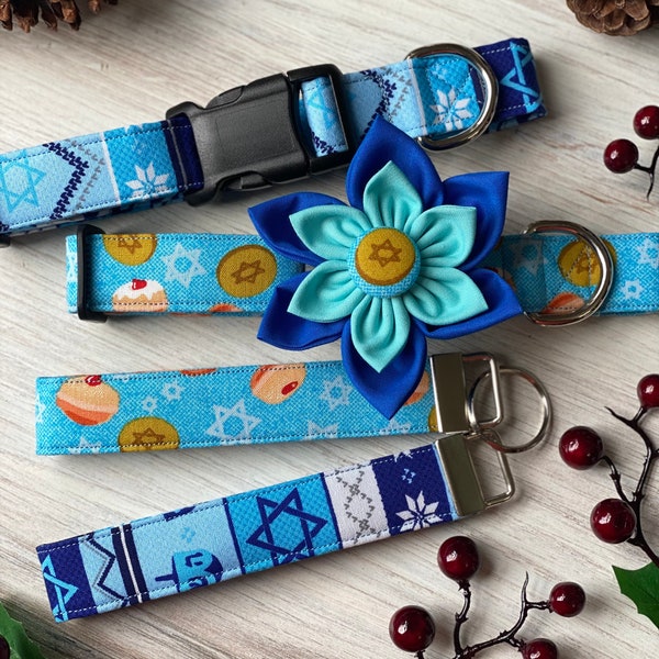 Dog collar, Hanukkah, Hanukkah dog collar, collar with bow, flower, collar with flower, blue, Star of David, dreidel, donut, keychain