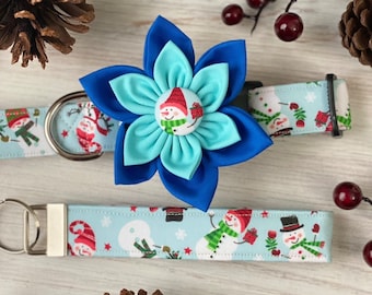 Dog collar, winter, snowman, snow, collar with flower, christmas, lights, snowflake, key fob, snowman collar, collar with bow, bow, winter