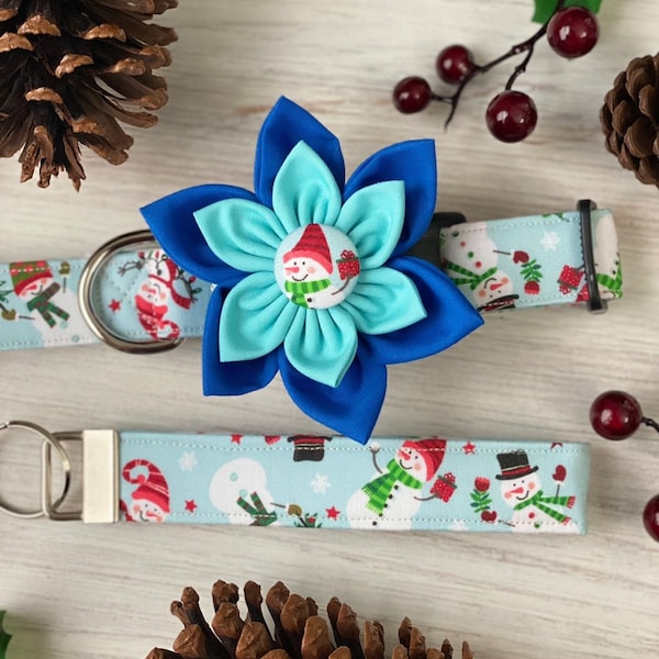 Dog collar, winter, snowman, snow, collar with flower, christmas, lights, snowflake, key fob, snowman collar, collar with bow, bow, winter