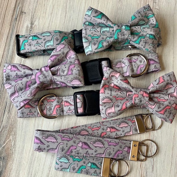 Dinosaur Dog Collar with Bow Tie, Dino T-Rex Fabric