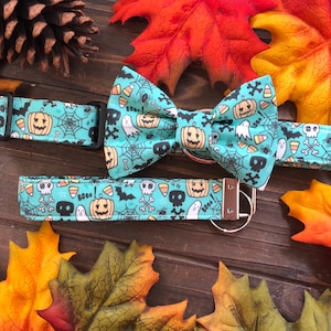 Dog collar, Collar with bow tie, halloween bow tie, halloween, collar with bow, ghost, jack o lantern, candy corn, spider, spider web, blue